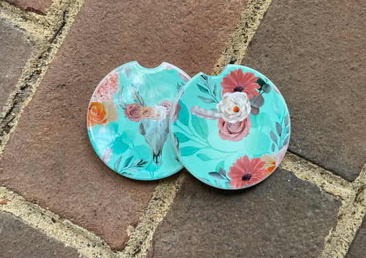 Floral Skull Car Coaster - Set of 2