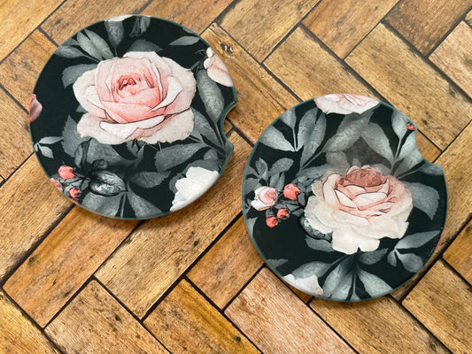 Gray and Pink Floral Car Coaster - Set of 2